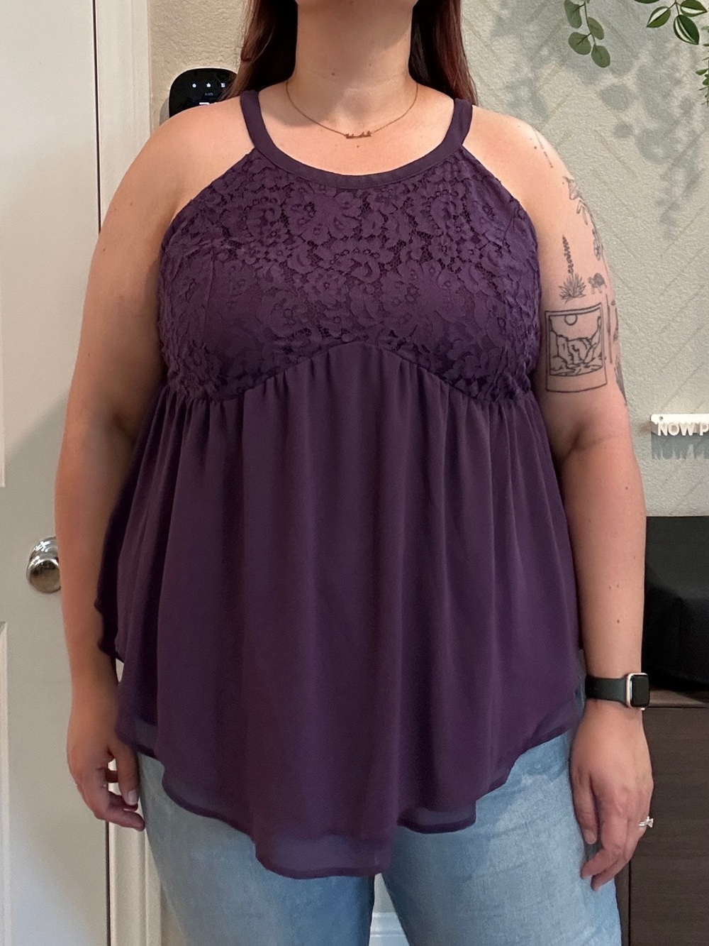 TORRID - Purple Lace Halter Style Blouse W/ Zipper Back Detail